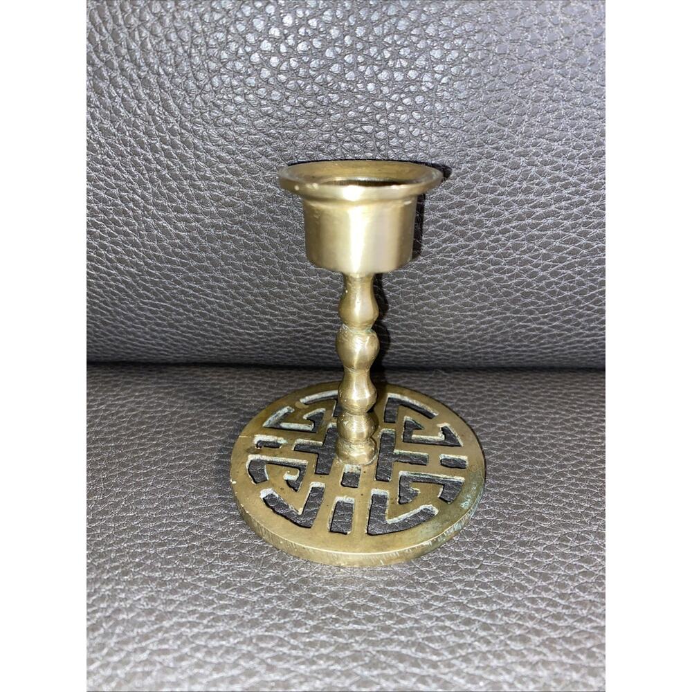 Vintage Chinese Shou Character Solid Brass Candle Stick Holder Home Decor